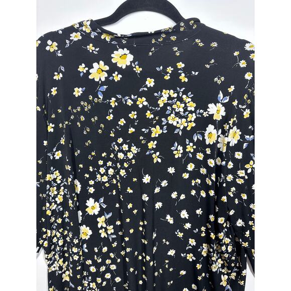 Karl Lagerfeld Paris Floral 3/4 Sleeve Blouse Cut Out Tie Neck Black Yellow 2X - Picture 8 of 10